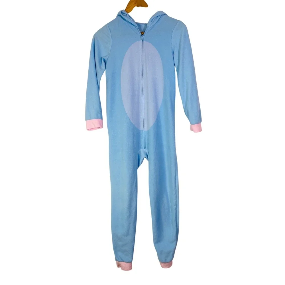 Disney Stitch Blue Fleece‎ Hooded Union Suit One Piece Pajamas Kids Sz 10/12